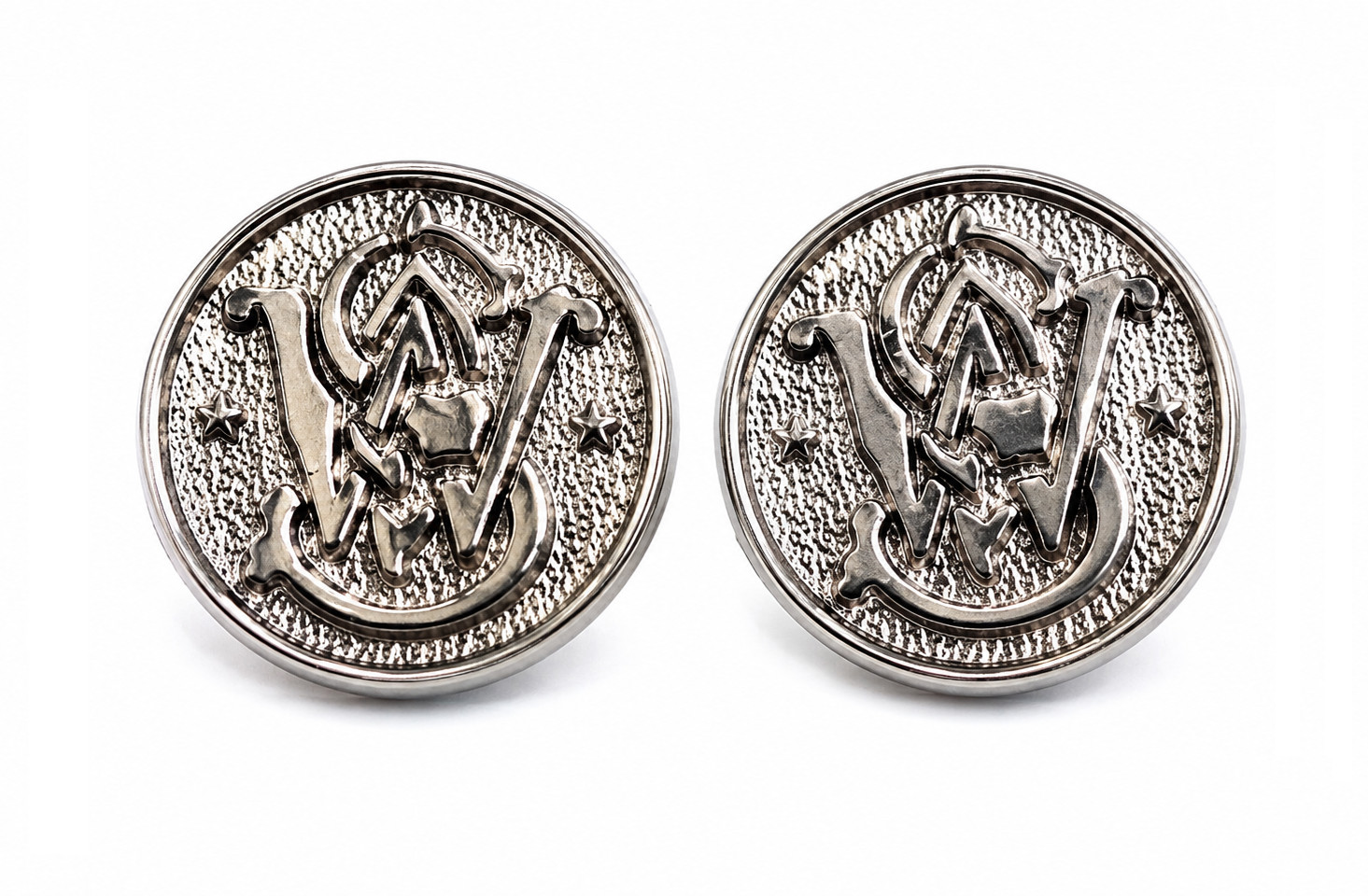 Smith & Wesson Factory Silver Grip Medallions – Set of 2 –OEM S&W Logo Inserts Smith & Wesson Factory Silver Grip Medallions – Set of 2 –OEM S&W Logo Inserts