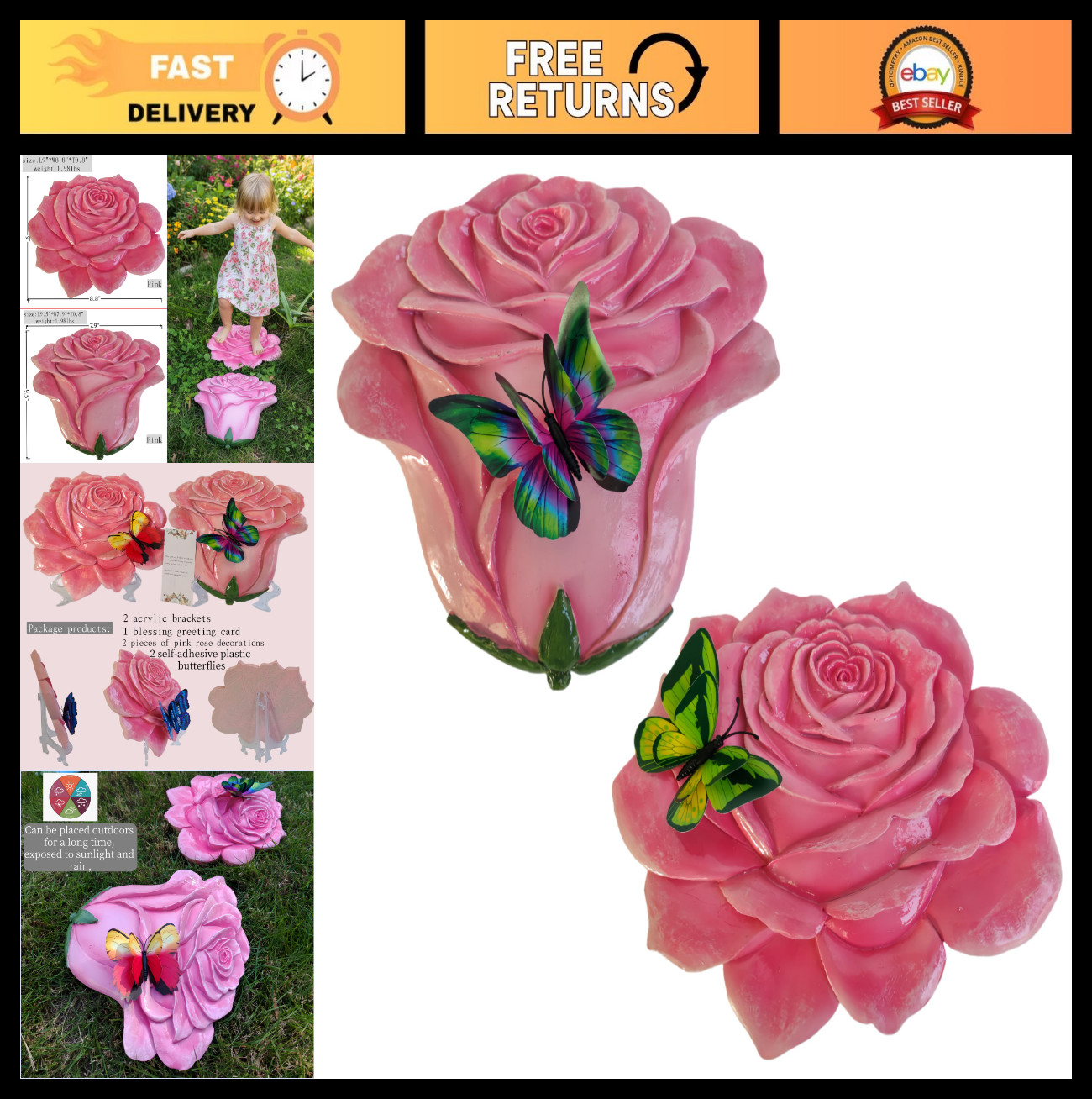 Pink Flower Simulation Rose Stepping Stones - 2 Pack Garden Decor, Festival Gift Pink Flower Simulation Rose Stepping Stones - 2 Pack Garden Decor, Festival Gift