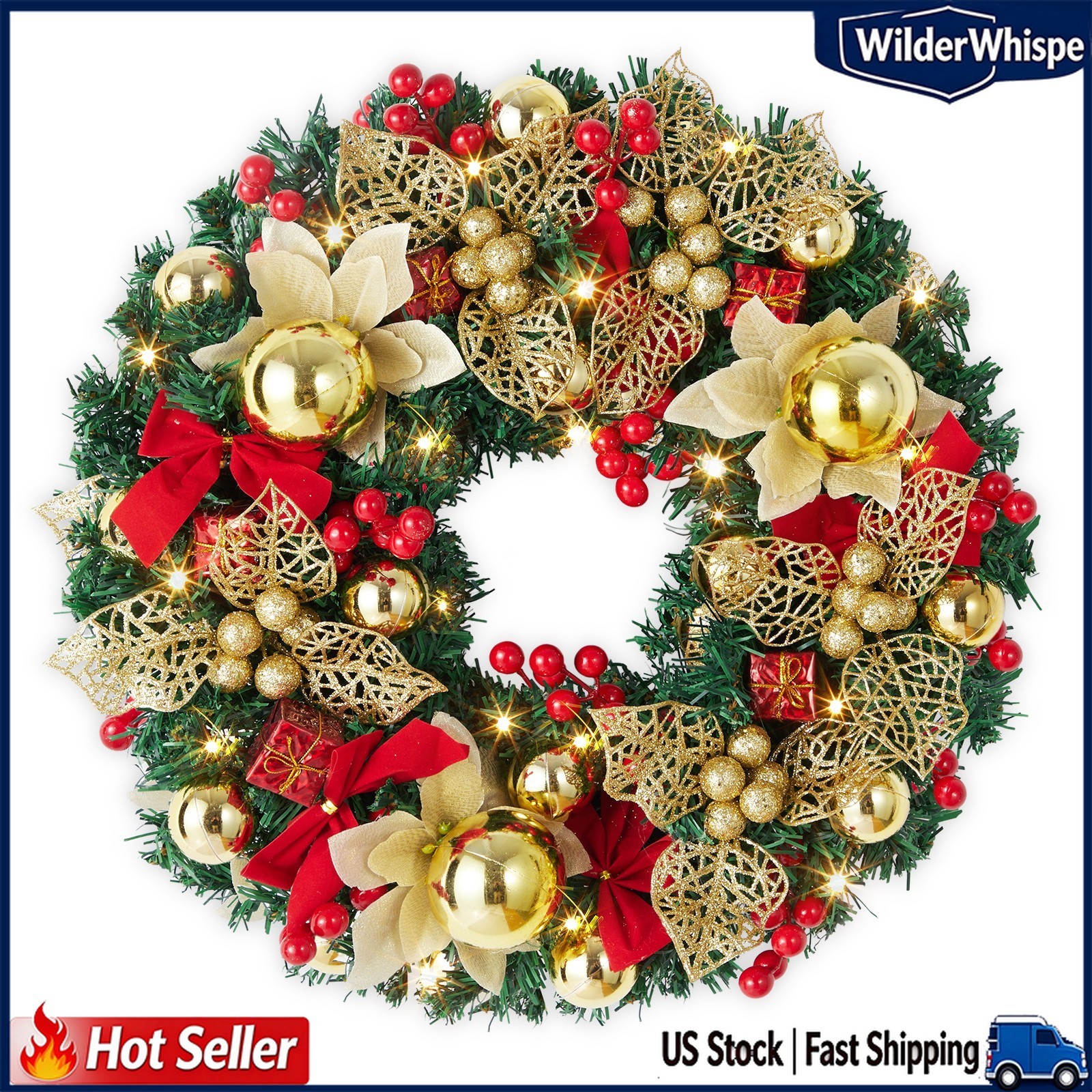 18" Pre-Lit Christmas Wreath, Artificial Christmas Hanging Ornament with Lights