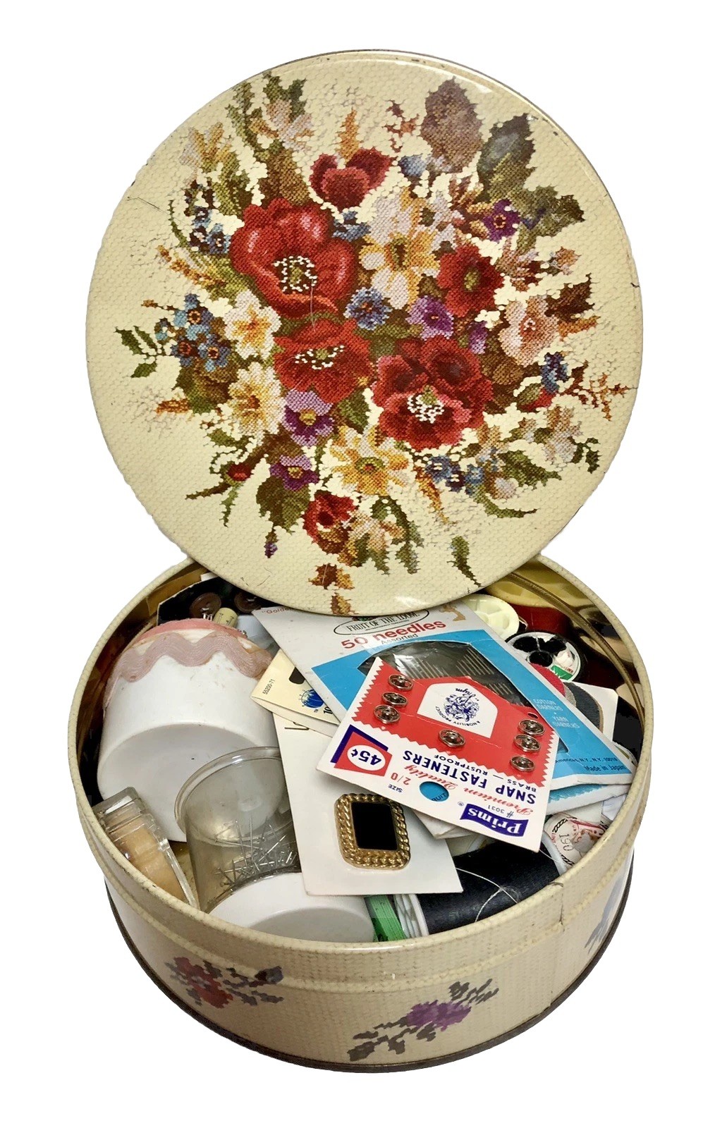 VTG Sewing Tin + Notions Lot Floral Needlepoint Design Pin Cushion Pins Needles VTG Sewing Tin + Notions Lot Floral Needlepoint Design Pin Cushion Pins Needles