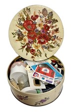 VTG Sewing Tin + Notions Lot Floral Needlepoint Design Pin Cushion Pins Needles picture