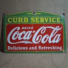 Coca Cola Curb Service Porcelain Enamel Sign 27x18  Inches 1  Sided picture