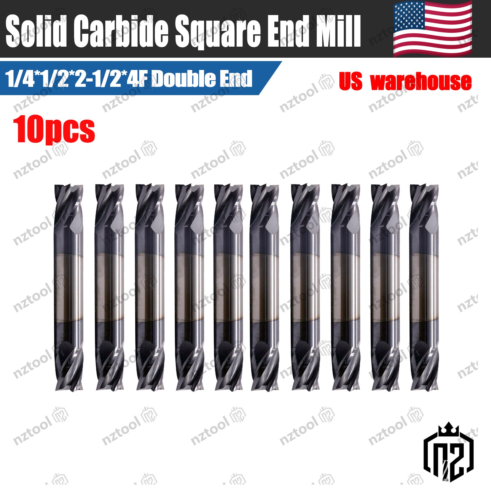 10PCS 1/4 Solid Carbide End Mill Double End 4 Flute 1/2 LOC 2-1/2 OAL AlTiN 10PCS 1/4 Solid Carbide End Mill Double End 4 Flute 1/2 LOC 2-1/2 OAL AlTiN