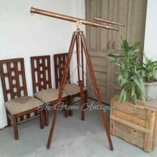 39 Inch Antique Nautical Floor Standing Brass Telescope With Wooden Tripod Stand picture