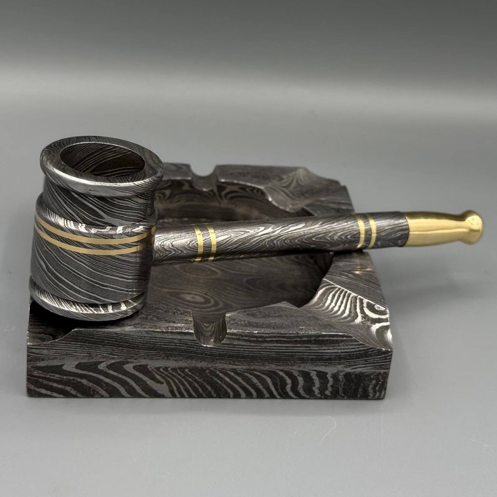 Handmade Damascus Steel smoking pipe and Ashtray cigar lover collectible set Handmade Damascus Steel smoking pipe and Ashtray cigar lover collectible set