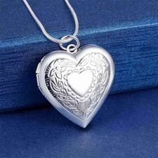 925 Sterling Silver Plated Heart Necklace, Locket Photo Picture Pendant 18"  N1 picture