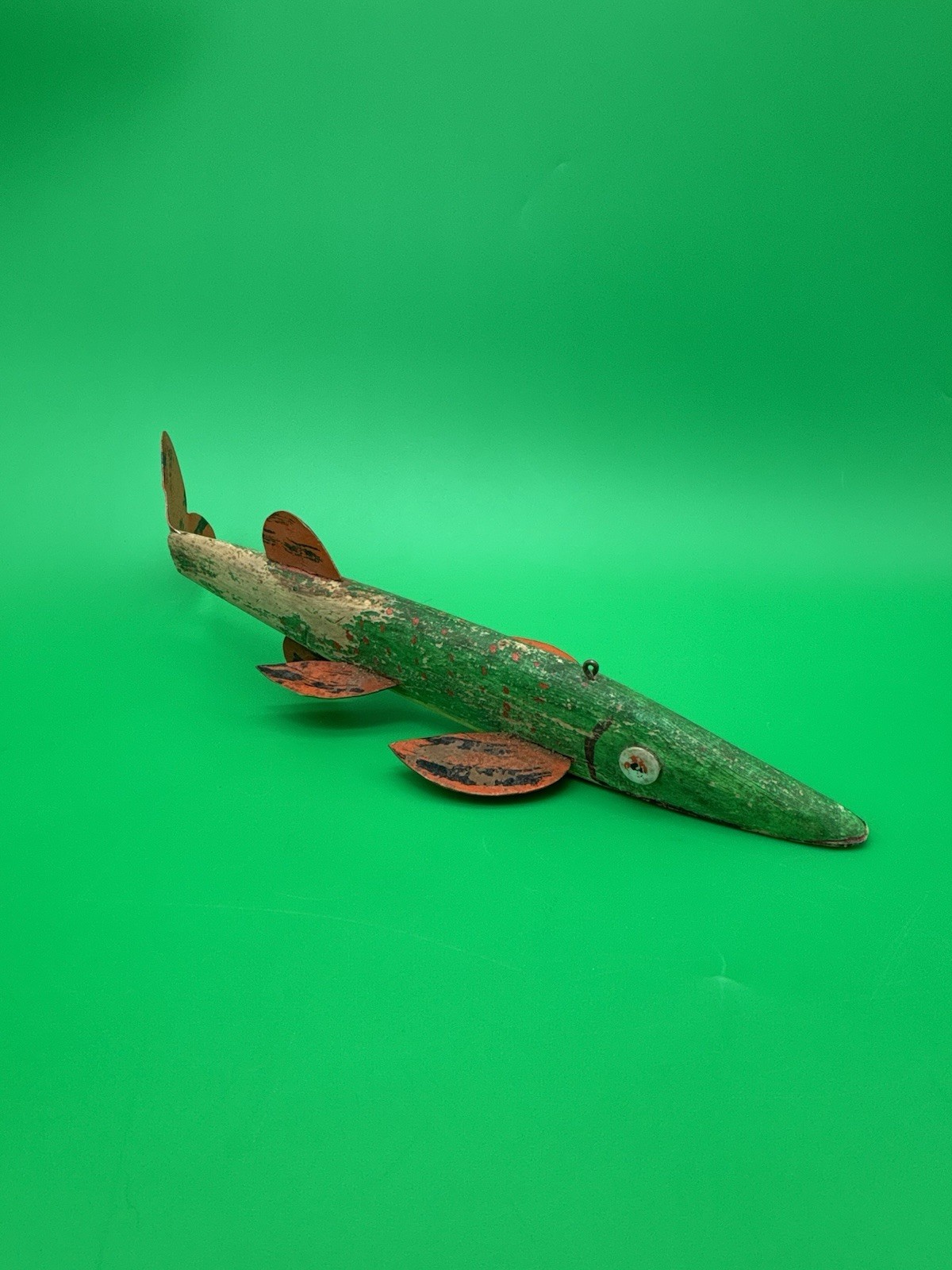 Vintage Folk Art Wooden Fish Spearing Decoy 12” Hand Carved Painted Metal Fins Vintage Folk Art Wooden Fish Spearing Decoy 12” Hand Carved Painted Metal Fins