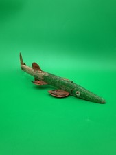 Vintage Folk Art Wooden Fish Spearing Decoy 12” Hand Carved Painted Metal Fins picture