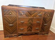 Antique Art Deco Waterfall Dresser Mahogany Chevron Pattern 6 Drawers picture