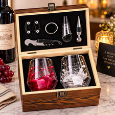 Wine Gift Set for Couples – 2 Decorative Glasses, Wooden Box, Corkscrew & Access picture
