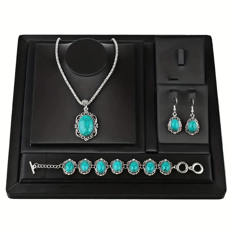 3 pcs Vintage Turquoise Bracelet Necklace Earrings Set Healing Stone Blue Party