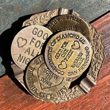 Old West Brothel Tokens (Lot Of 5 Assorted) and Brass Dish With Antique Finish picture