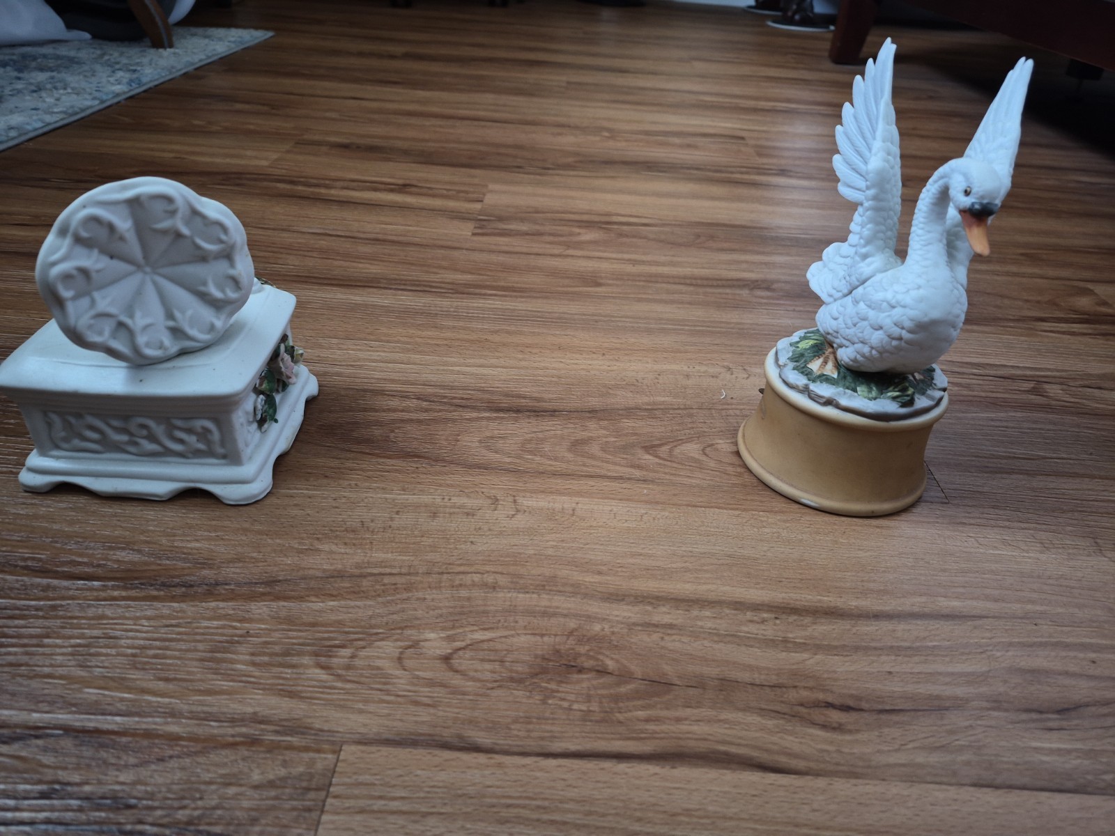 Set Of Two Porcelain Music Boxes, Swan And Phonograph