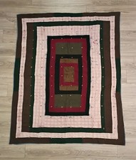Antique Linsey Woolsey Courthouse Steps Log Cabin Hand Stitched Tied Quilt 61 74 picture