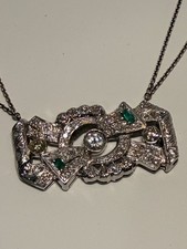 Antique 18k White Gold Diamond Emerald Necklace with Appraisal $8000 picture