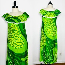 1960’s 60s 70’s 70s GREEN FRUIT Hawaiian Vintage Eyelet Lace Sundress Dress S M picture