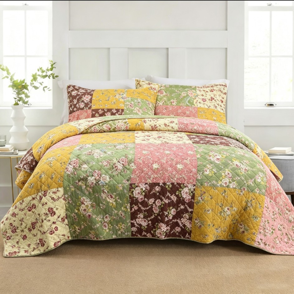 Farmhouse Florals Quilt Patchwork Printed All Seasons 100% Cotton Quilt Set King