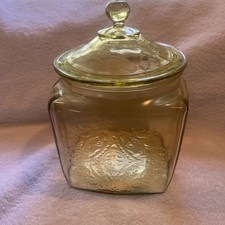 Amber Depression Glass Madrid Design Cookie/Biscuit Jar with Lid.             07 picture
