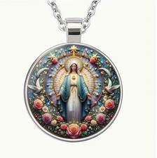 Retro Virgin Mary Pattern Print Pendant Necklace, Gift for Religious Believers picture