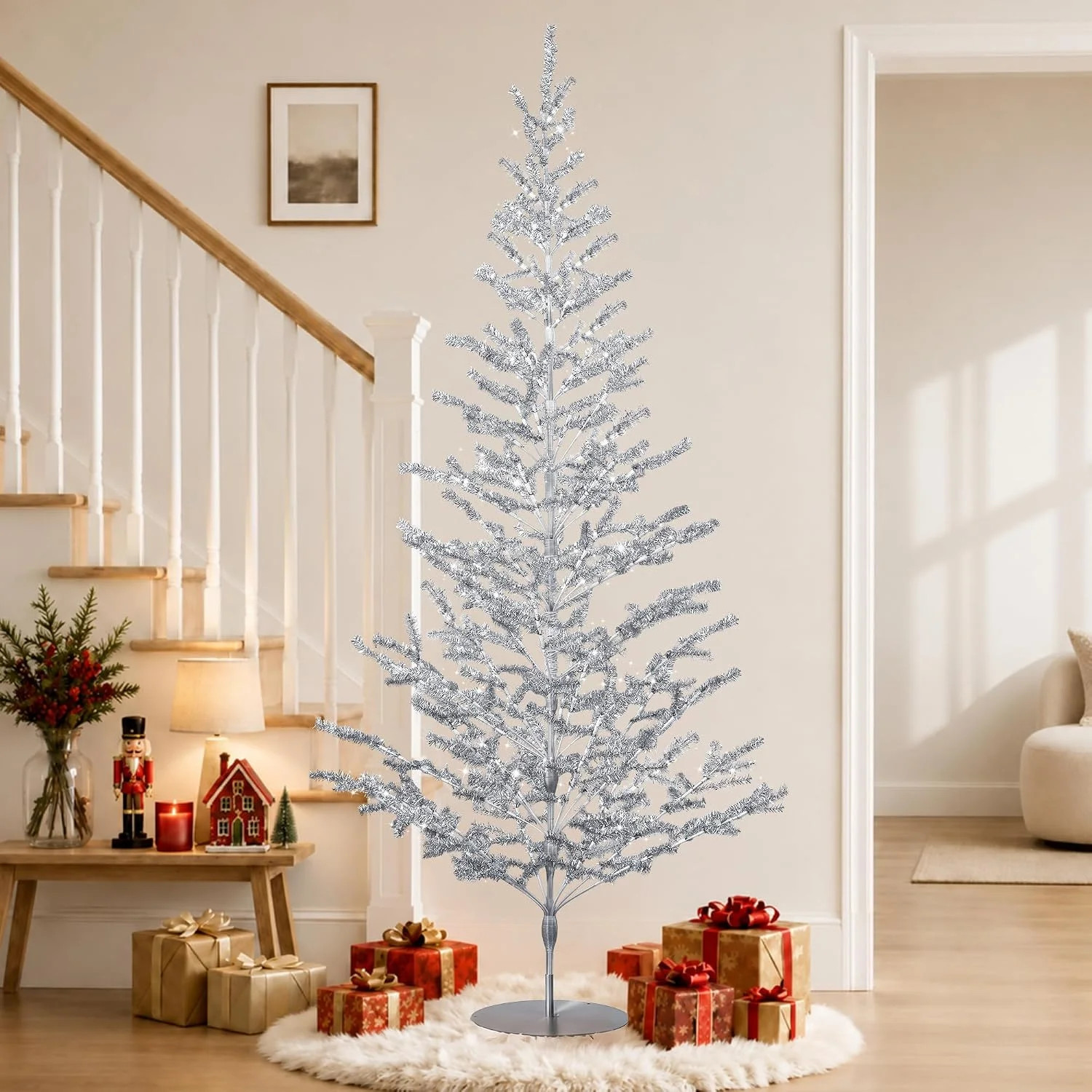 6ft Tinsel Christmas Tree, Retro Aluminum Christmas Tree, Silver
