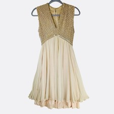 Vintage 50s Fred Perlberg Chiffon Party Dress Sequin Sleeveless Beige Nude XS picture
