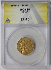 1908 $5 Indian Head Gold Half Eagle ANACS EF 45 picture