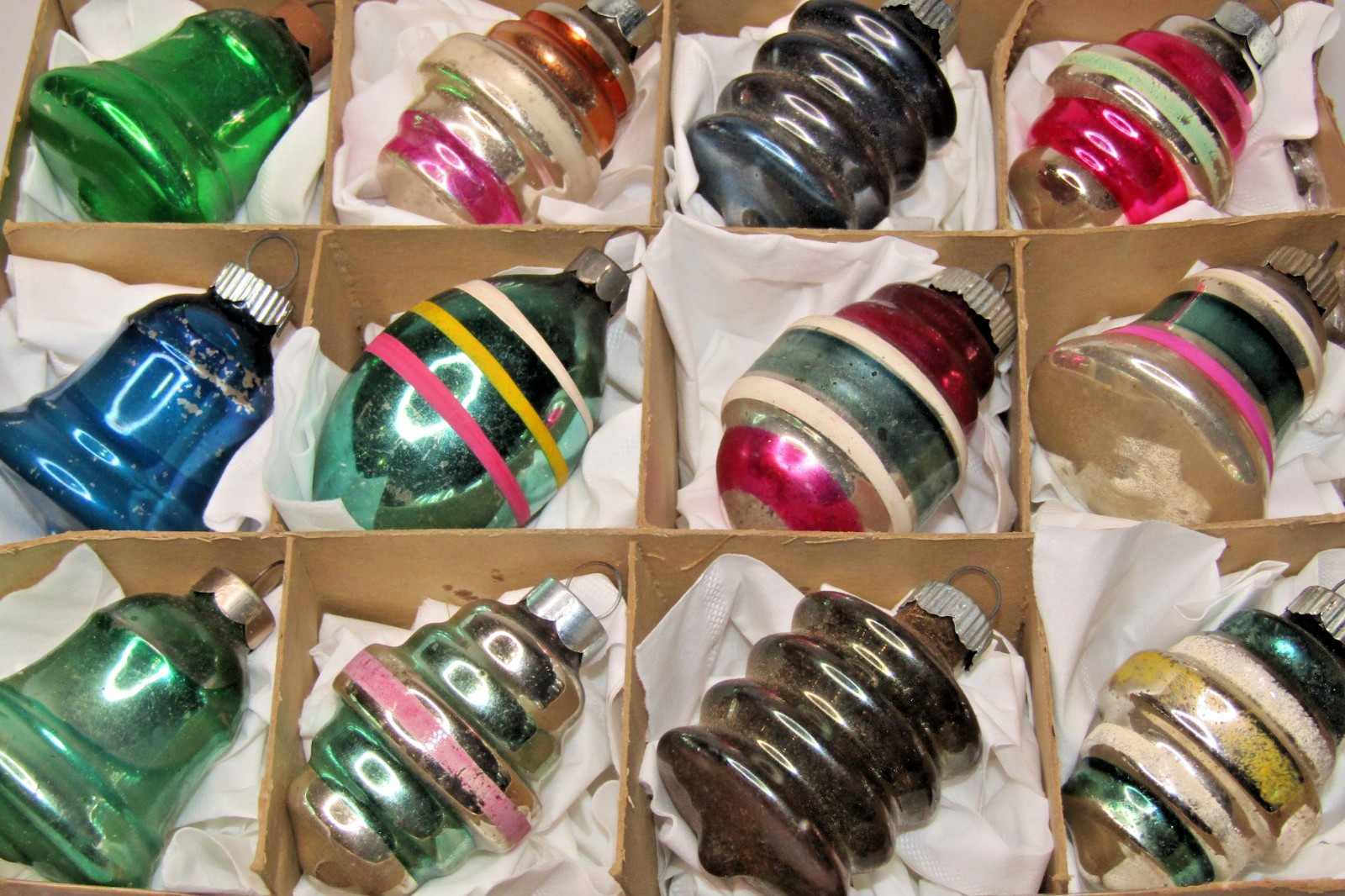 Lot VTG Glass Assorted BARREL TORNADO BELL Drop Christmas Ornaments Shiny Brite Lot VTG Glass Assorted BARREL TORNADO BELL Drop Christmas Ornaments Shiny Brite