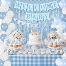 66 Pcs Boy Baby Shower Decorations Blue Gingham Welcome Baby and Body Cloth B... picture