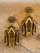 Ornate Renaissance Cathedral Window Drop Earrings Angel & Cross Gothic Revival picture
