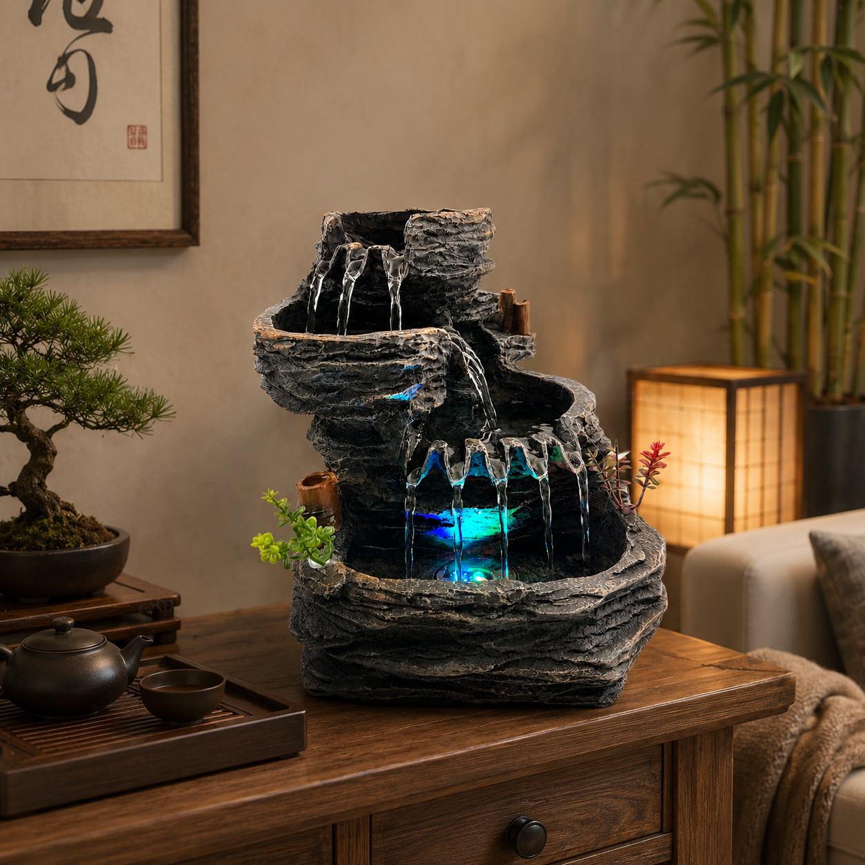 Indoor Tabletop Water Fountain with LED Light, Resin Rock-Look Waterfall Decor Indoor Tabletop Water Fountain with LED Light, Resin Rock-Look Waterfall Decor