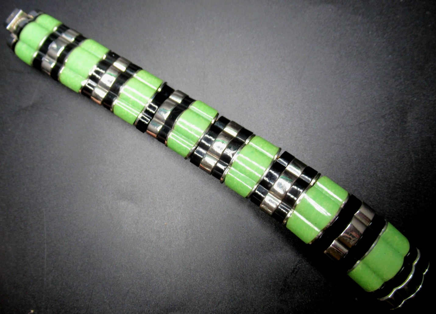 ROGER SCEMAMA Green Galalith & Chrome French Depose 1920's Bracelet ROGER SCEMAMA Green Galalith & Chrome French Depose 1920's Bracelet