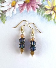 Women's Gold Blue Picasso Dangle Drop Hook Earrings Handcrafted Artisan Jewelry picture