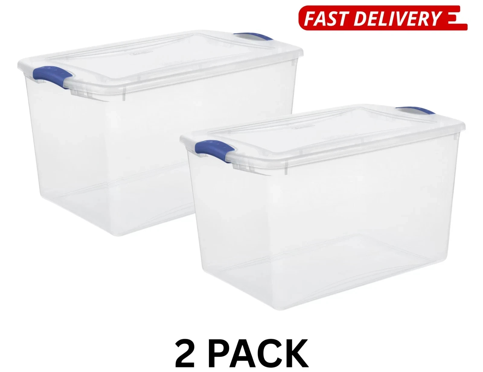 (2 Pack) Sterilite 66 Qt Latching Storage Bin Clear Plastic Blue Container. (2 Pack) Sterilite 66 Qt Latching Storage Bin Clear Plastic Blue Container.