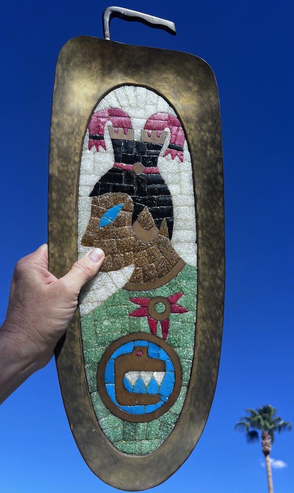 Mid 20th C. Salvador Teran Mexican Brass & Glass Mosaic Mayan Portrait Tray Mid 20th C. Salvador Teran Mexican Brass & Glass Mosaic Mayan Portrait Tray