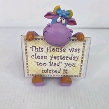 Whimsical Purple Cartoon Cow Figurine Holding Sign Vintage 1980's picture