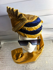 Gold/Blue Satin Arabian Turban Costume Hat w/ Long Tail, Chain Trim, One Size picture