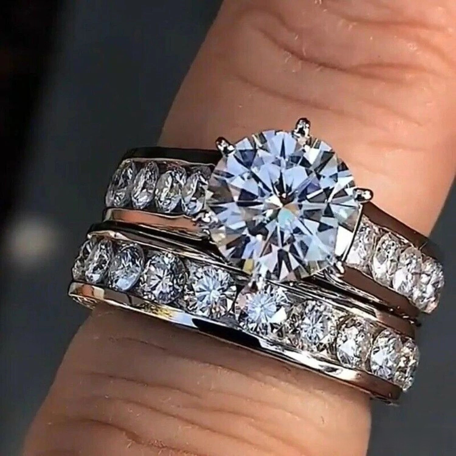 Moissanite Bridal Set Engagement Ring 3.00 Carat Round Cut Solid 14K White Gold Moissanite Bridal Set Engagement Ring 3.00 Carat Round Cut Solid 14K White Gold