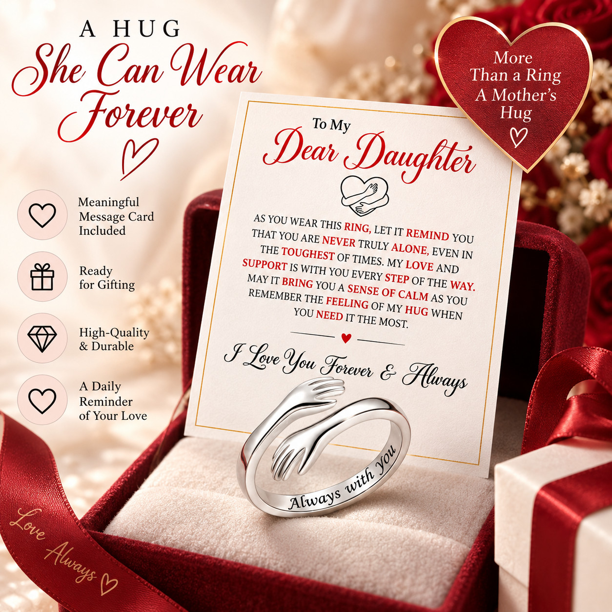 To My Daughter Hug Ring For Hope Rings, Inspirational Stainless Steel Engarved W To My Daughter Hug Ring For Hope Rings, Inspirational Stainless Steel Engarved W