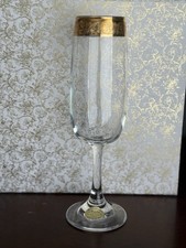 Cellini Blown Crystal Champagne Flute 24kt Gold Rim Hand Decorated Etched picture