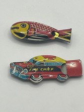 2 Vintage Japan Tin Litho Whistles Fire Chief Car Fish Penny Toys 1950s picture