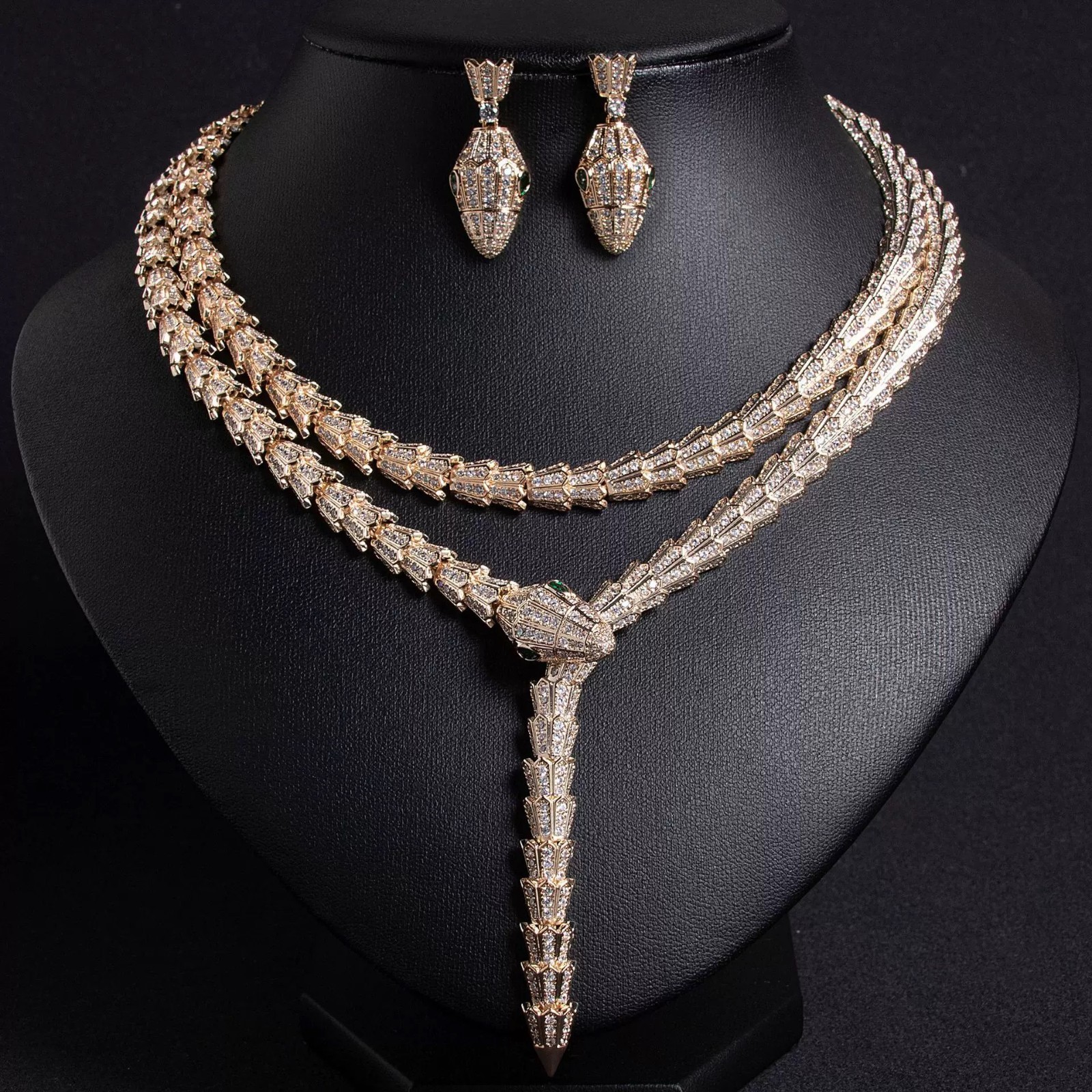 Gold Layered Statement Necklace Earrings Set Snake Style Fashion Jewelry Gold Layered Statement Necklace Earrings Set Snake Style Fashion Jewelry