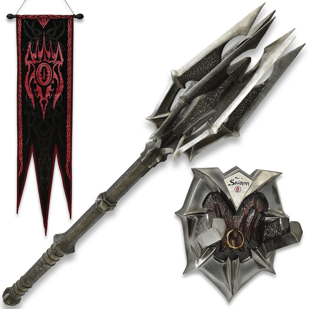 Officially Licensed Lord of the Rings Mace of Sauron & Ring with Red Eye Banner Officially Licensed Lord of the Rings Mace of Sauron & Ring with Red Eye Banner