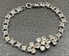 Vintage Art Deco Era Bracelet Clear Open Back Crystal Station Link Silver Tone picture