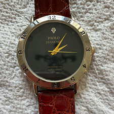 Paolo Gucci Diamond Quartz Dress Watch Black Dial Gold Case Brown Leather picture
