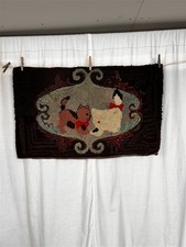 antique rug wool hooked cat kitten dog 23 x 37 hand made original early 19thc  picture