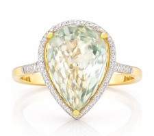 GENUINE 7.29 Cts GREEN AMETHYST & DIAMOND RING 10K GOLD - Free Certificate - NWT picture