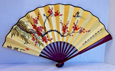 Vintage ~ Chinese Folding Hand Fan ~ Gold w/Painted Phoenix & Flowers 23”x13” picture