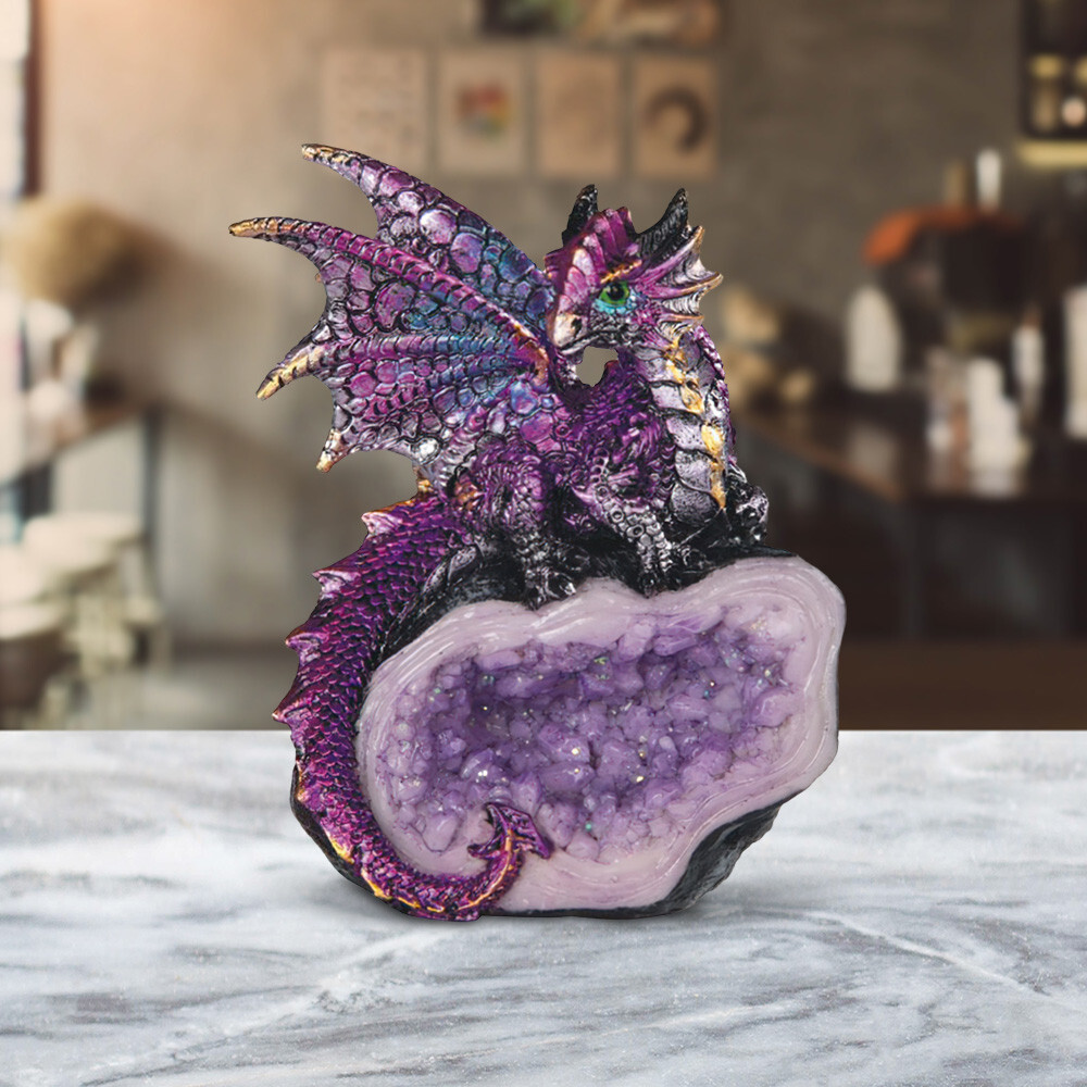 Purple Dragon Guarding Faux Crystal Cave Statue 4"H Fantasy Figurine Room Decor Purple Dragon Guarding Faux Crystal Cave Statue 4"H Fantasy Figurine Room Decor