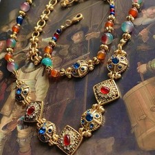 Renaissance Style Statement Necklace & Braclete Vintage Gold Multicolor Jewelry picture
