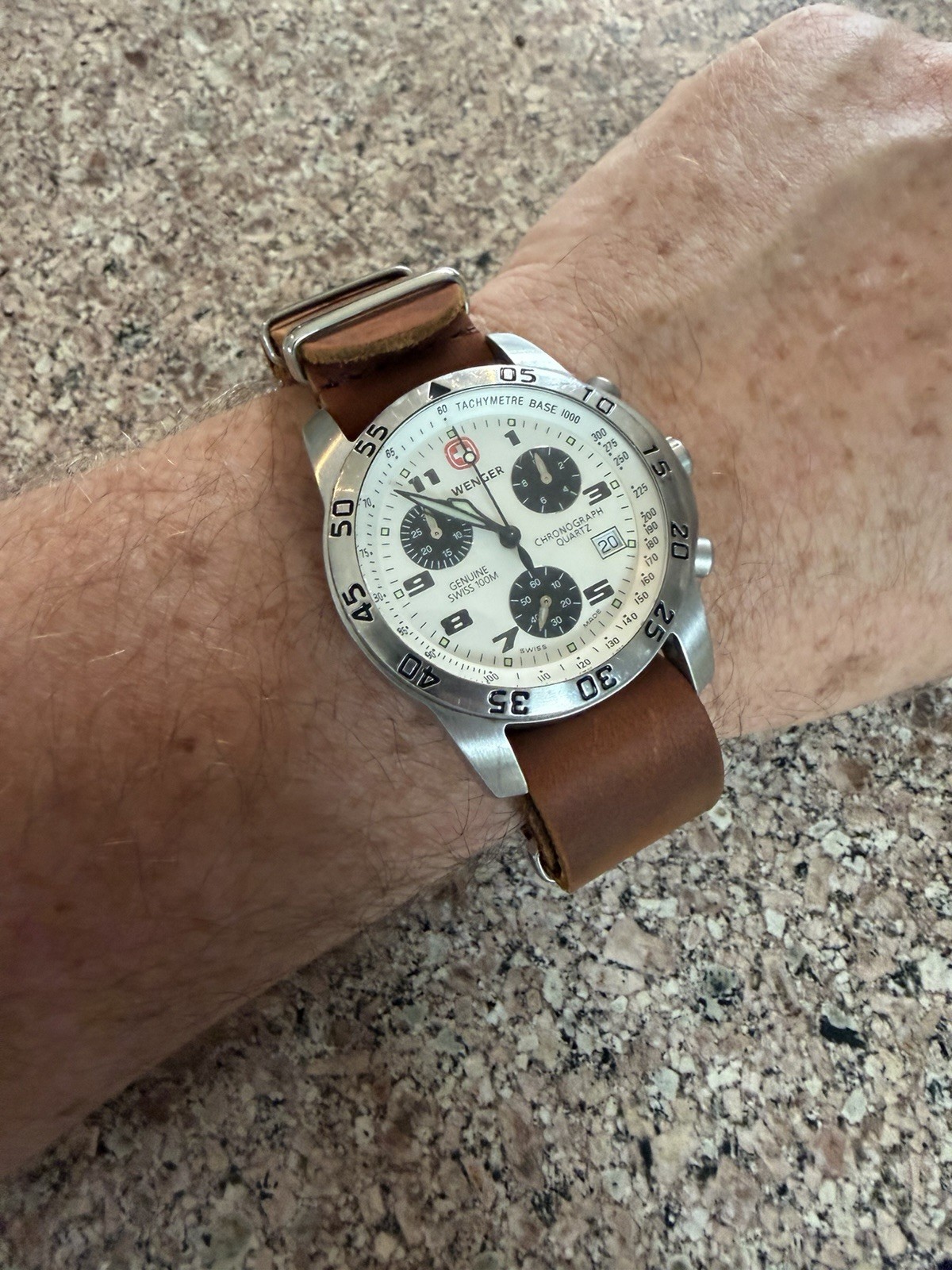 Wenger Men's Swiss Made Panda Chronograph Date Brown Leather Strap. 537.0936
